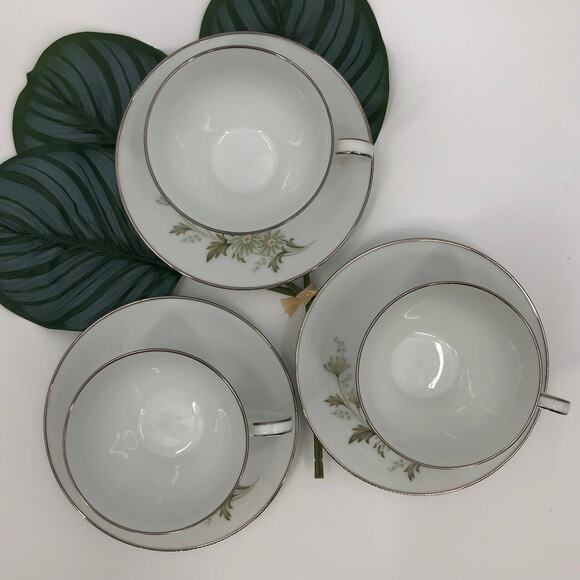 Vintage 3 Set Noritake White Green Floral Daisy Soroya 6853 Tea Cups & Saucers - Picture 4 of 10
